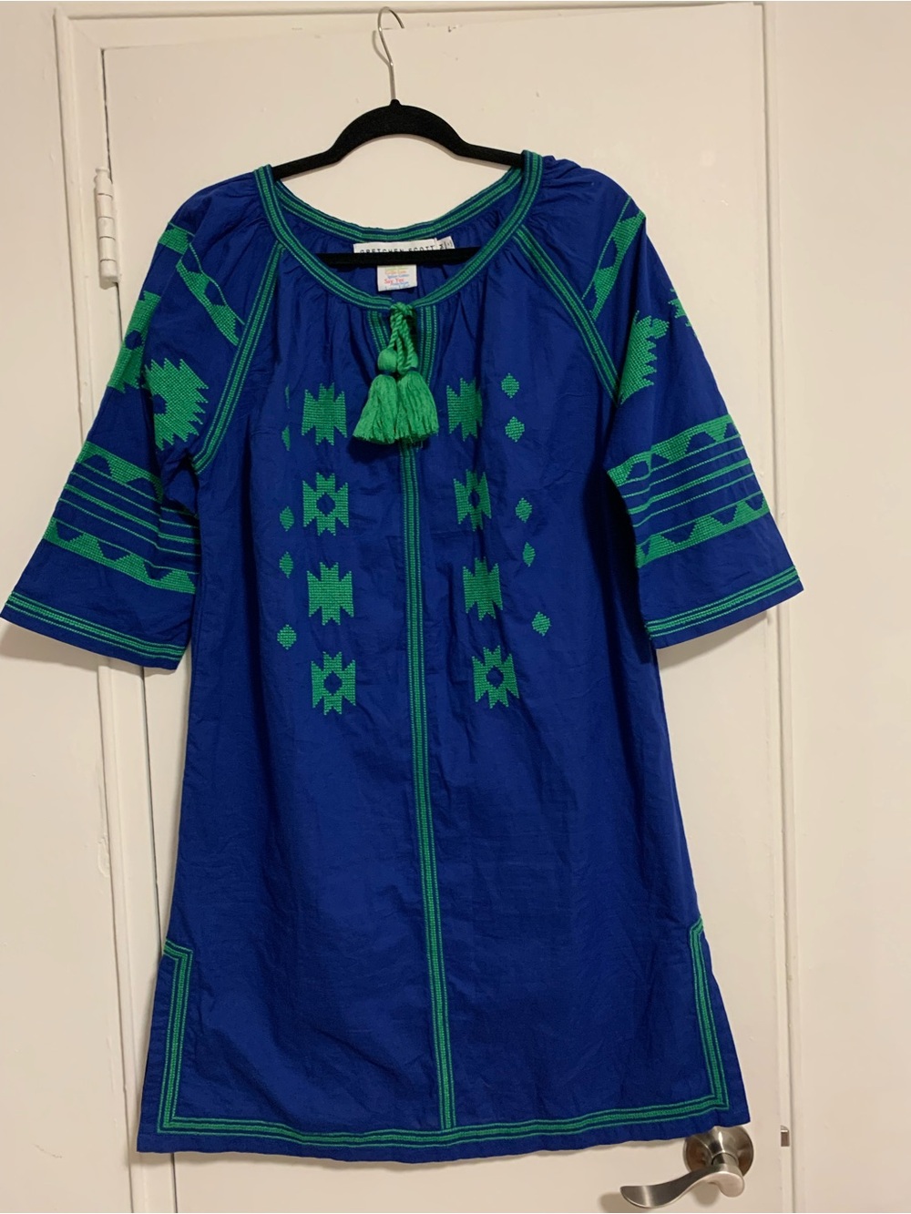 Gretchen Scott Designs Cobalt Blue Dress with Green Embroidery - Picture 1 of 10